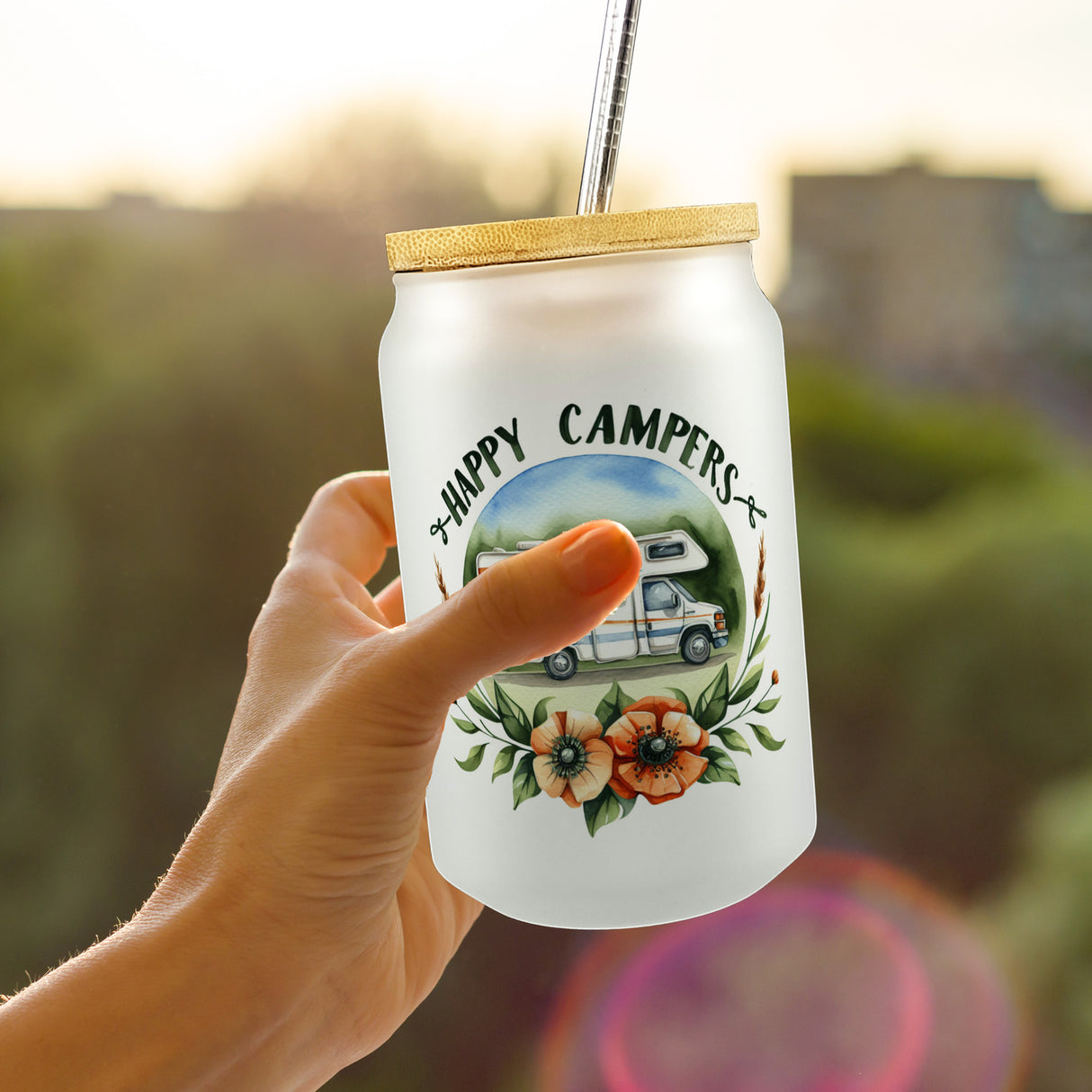 Wohnmobil Happy Campers Trinkglas mit Bambusdeckel
