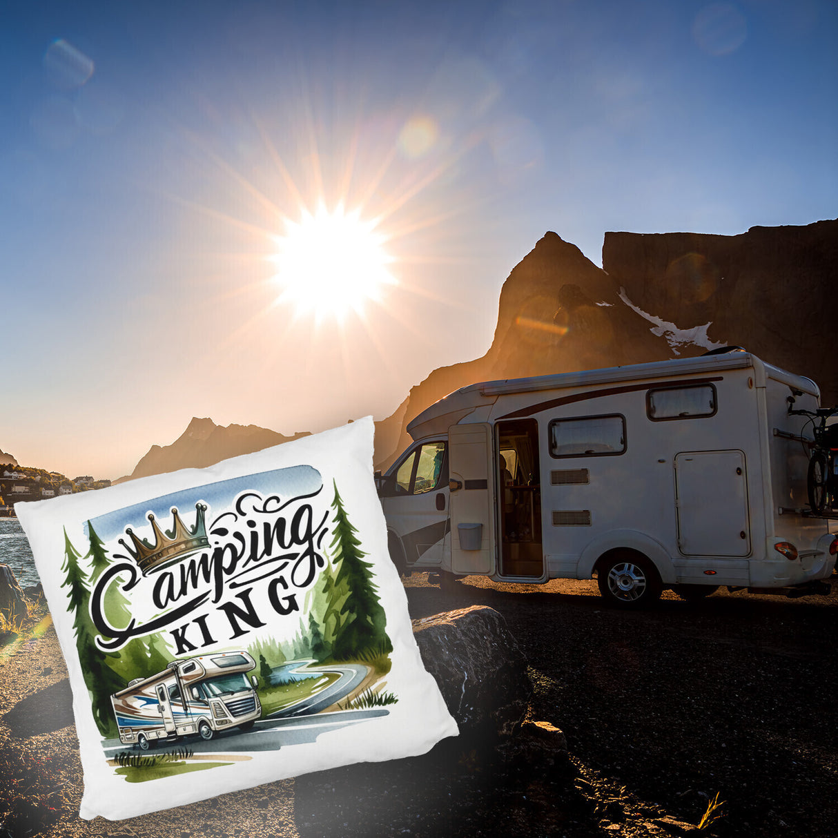 Camping King mit Wohnmobil Kissen mit Spruch Camping King