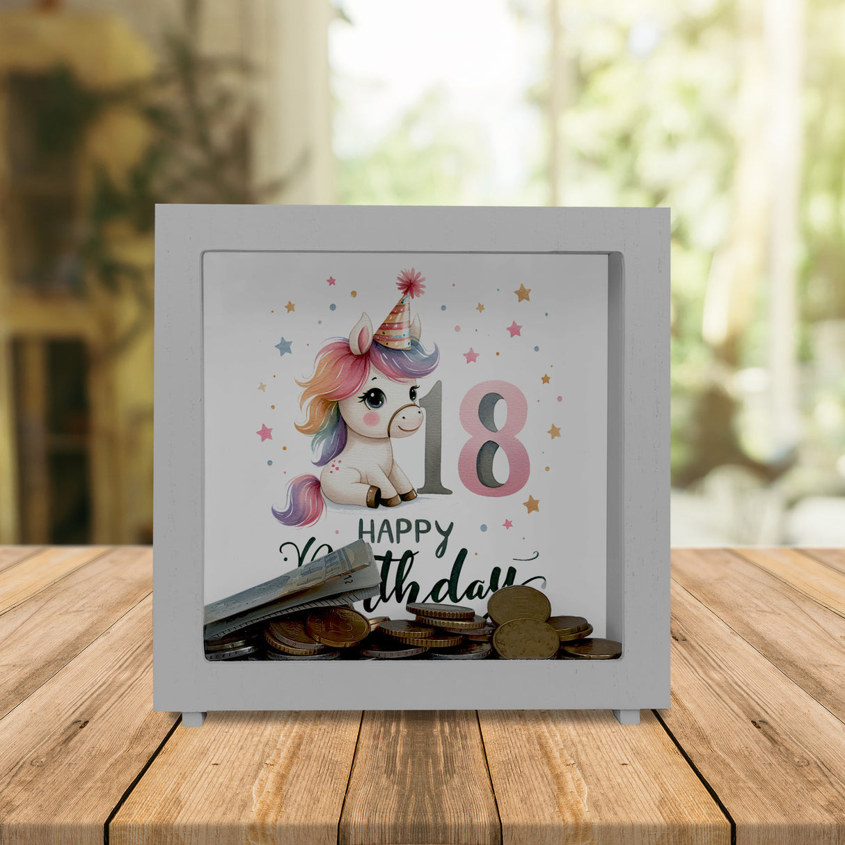 18. Geburtstag mit niedlichem Pferd Spardose mit Spruch Happy Birthday 18