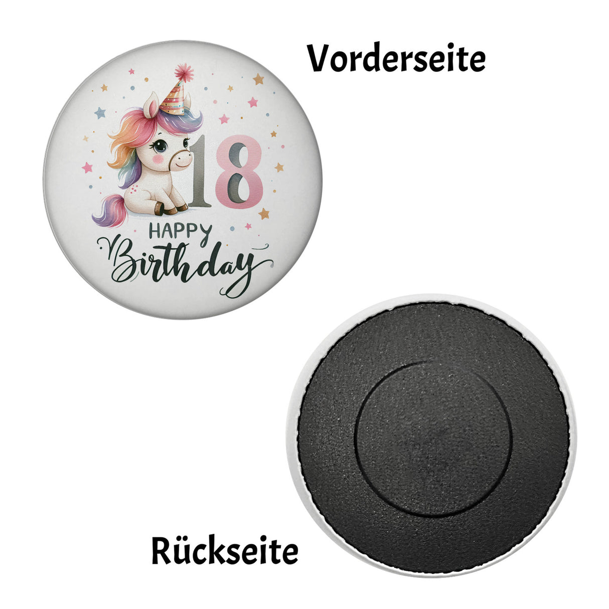 18. Geburtstag mit niedlichem Pferd Magnet rund mit Spruch Happy Birthday 18