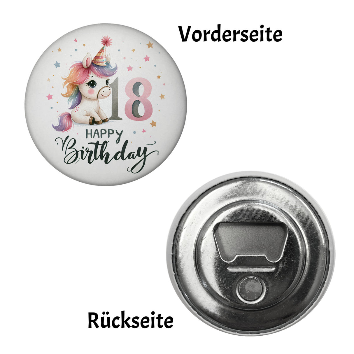 18. Geburtstag mit niedlichem Pferd Magnet rund mit Spruch Happy Birthday 18