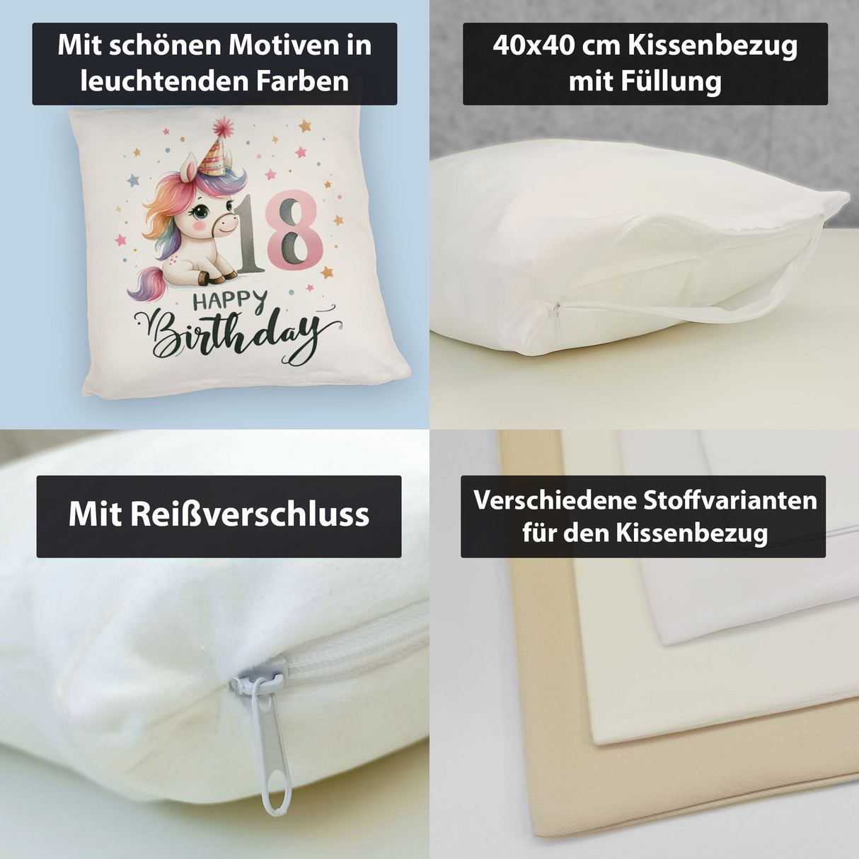 18. Geburtstag mit niedlichem Pferd Kissen mit Spruch Happy Birthday 18