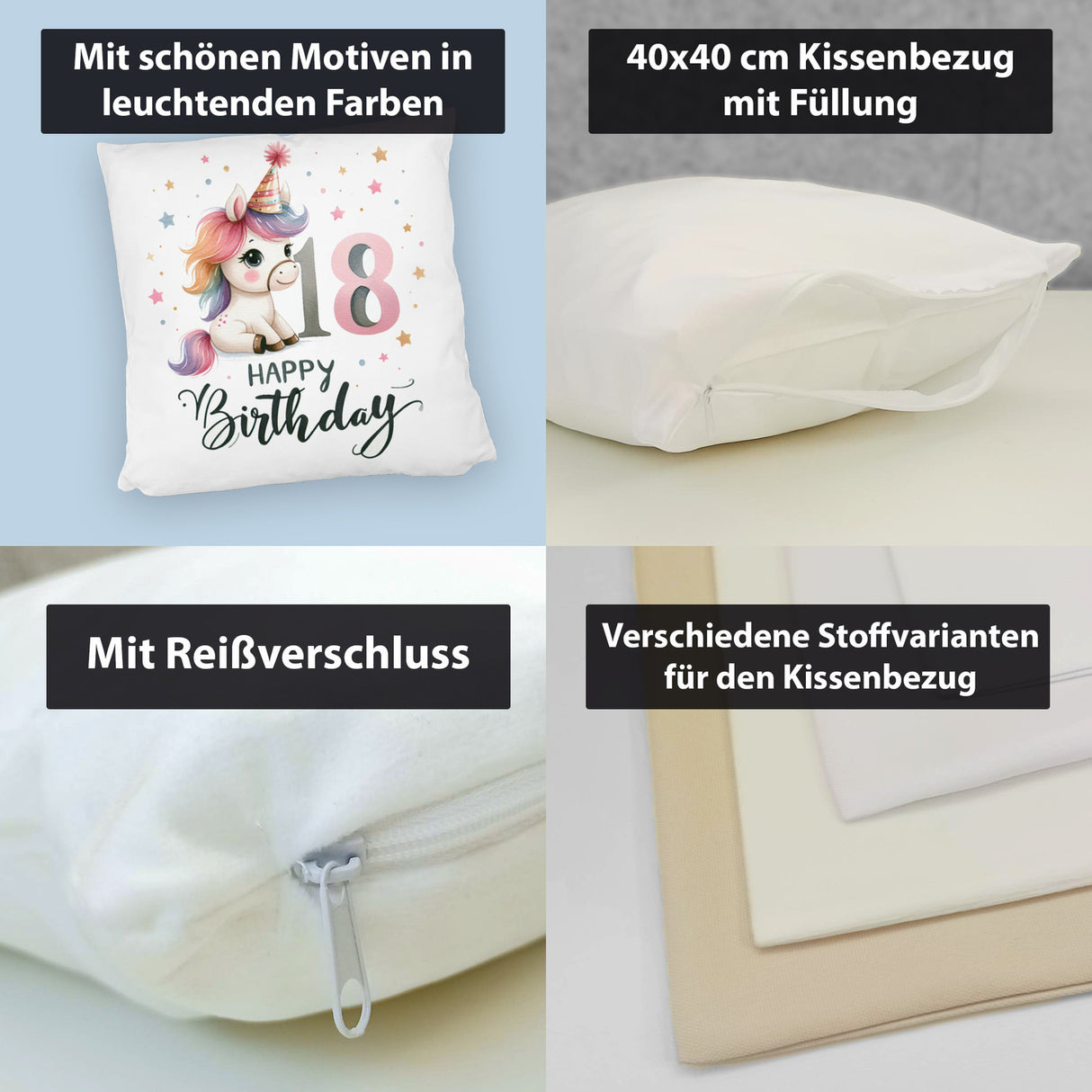 18. Geburtstag mit niedlichem Pferd Kissen mit Spruch Happy Birthday 18