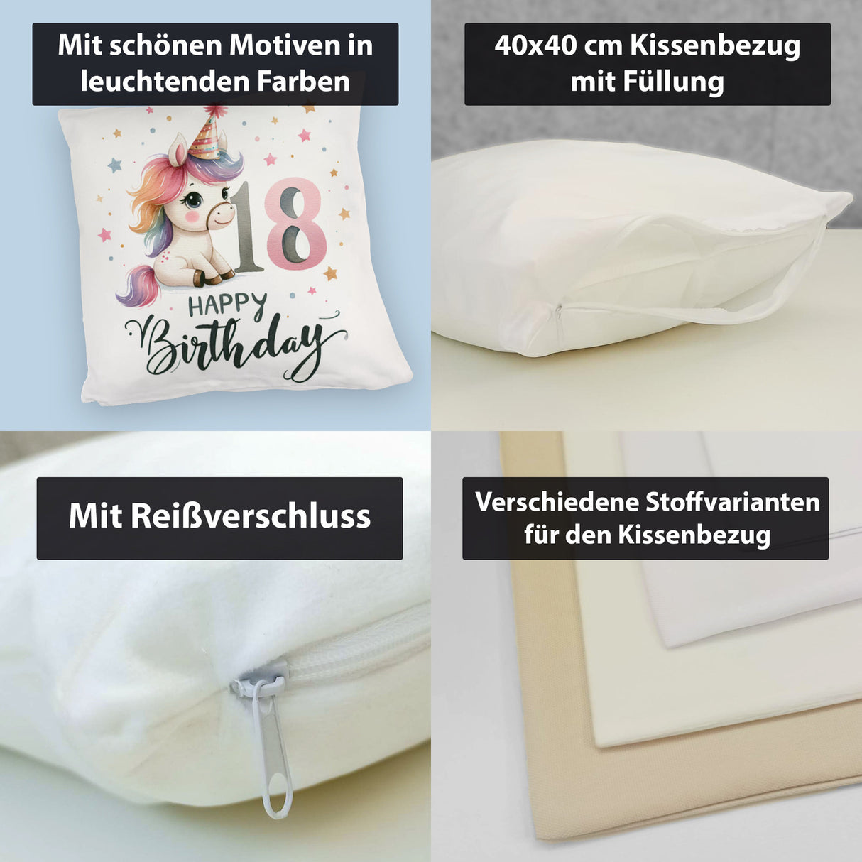 18. Geburtstag mit niedlichem Pferd Kissen mit Spruch Happy Birthday 18