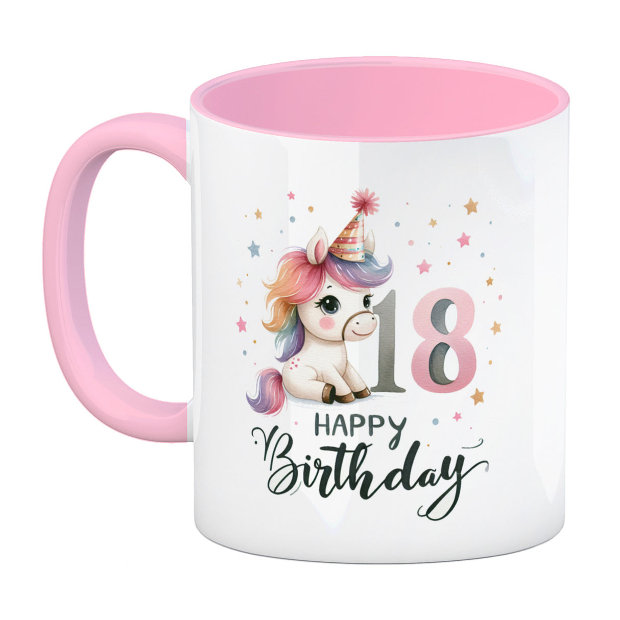 18. Geburtstag mit niedlichem Pferd Kaffeebecher mit Spruch Happy Birthday 18