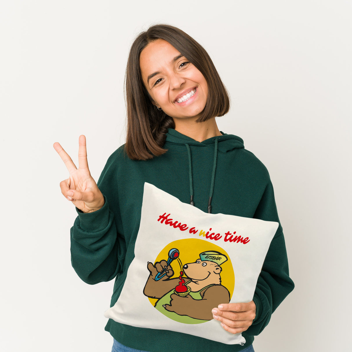 Eisbär mit Waffeleis Kissen mit Spruch have a nice time