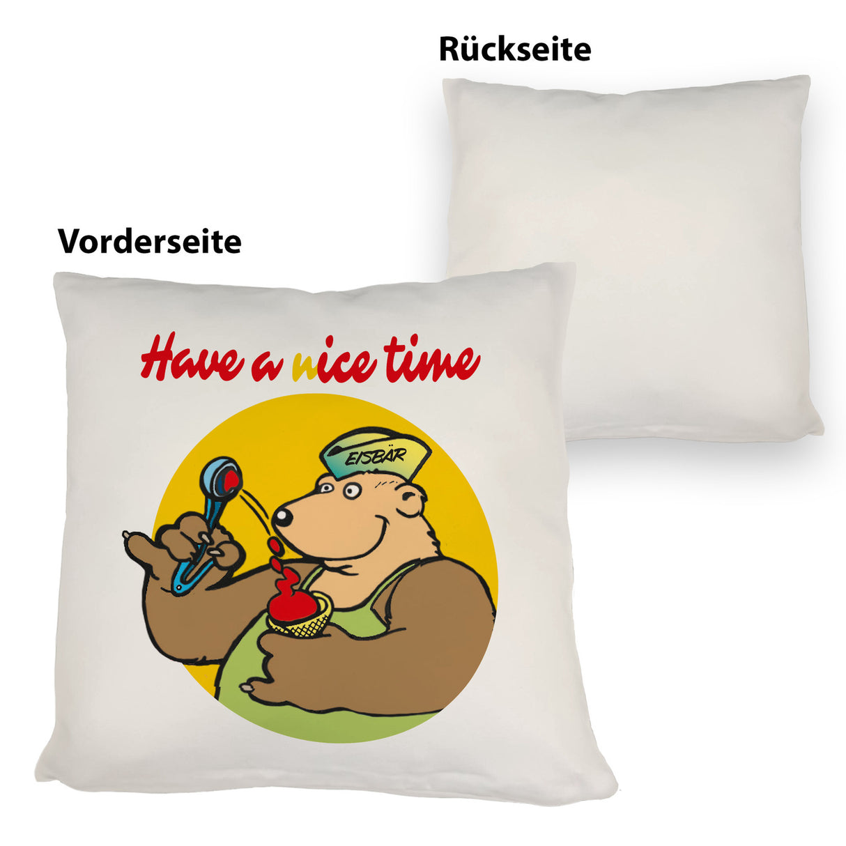 Eisbär mit Waffeleis Kissen mit Spruch have a nice time