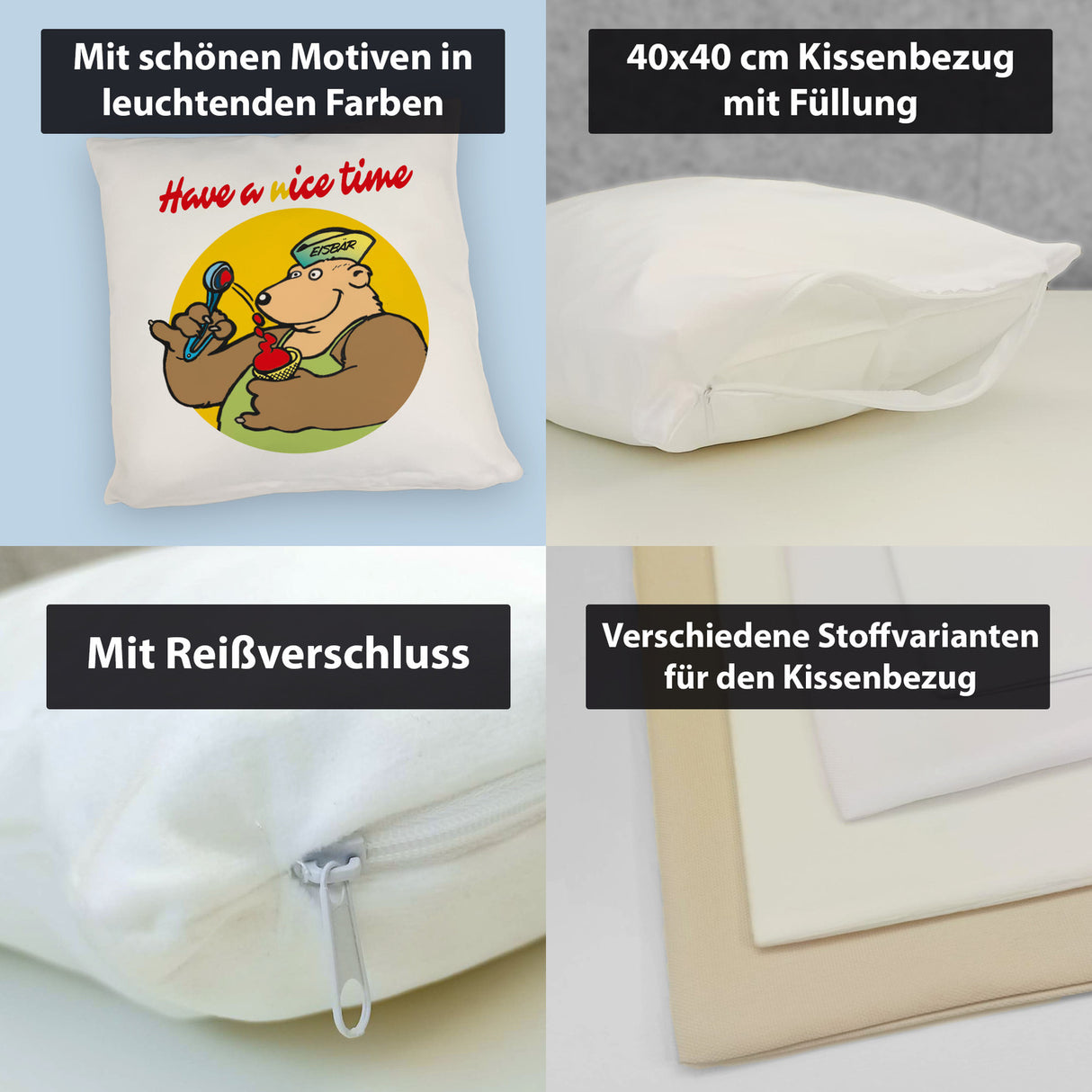 Eisbär mit Waffeleis Kissen mit Spruch have a nice time