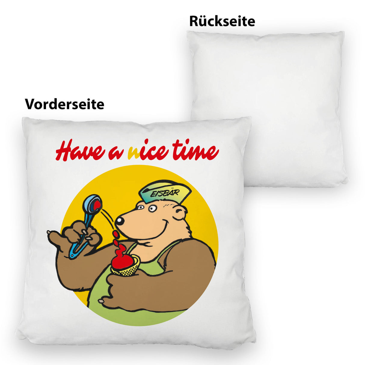 Eisbär mit Waffeleis Kissen mit Spruch have a nice time
