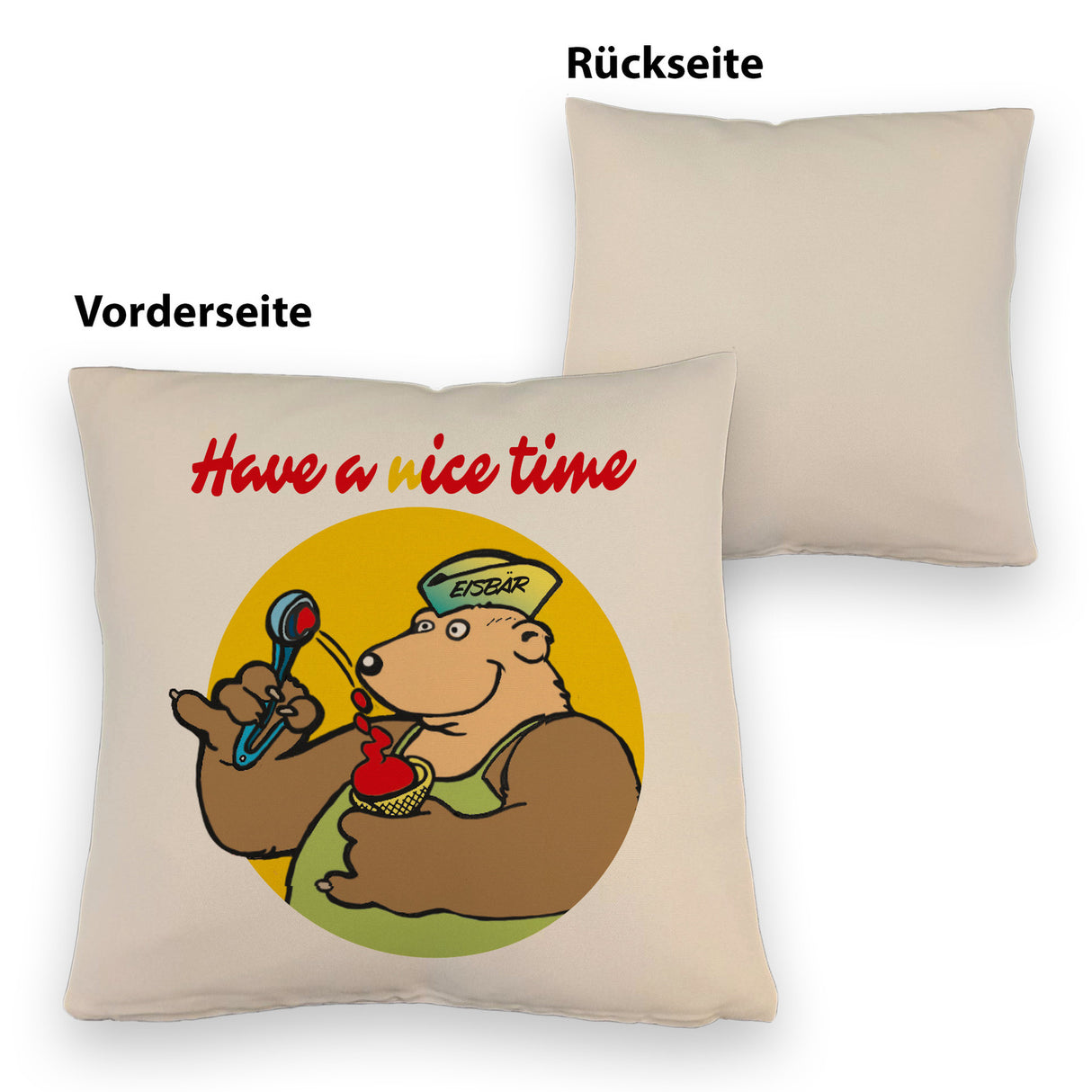 Eisbär mit Waffeleis Kissen mit Spruch have a nice time