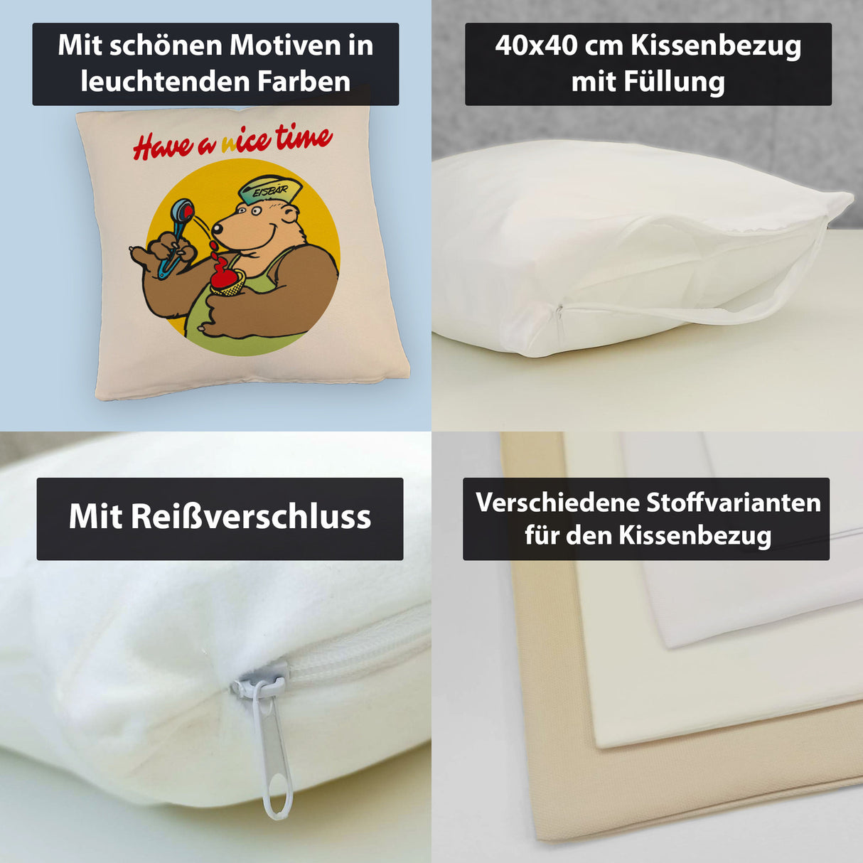 Eisbär mit Waffeleis Kissen mit Spruch have a nice time