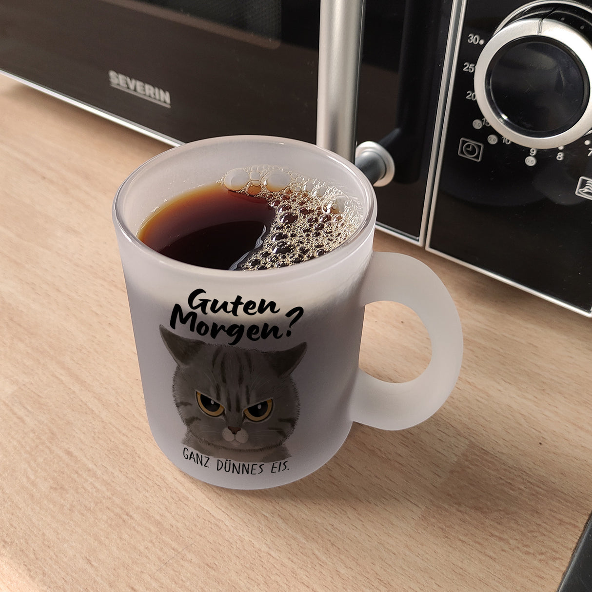 Morgenmuffel Katze Kaffeebecher mit Spruch Guten Morgen - Ganz dünnes Eis