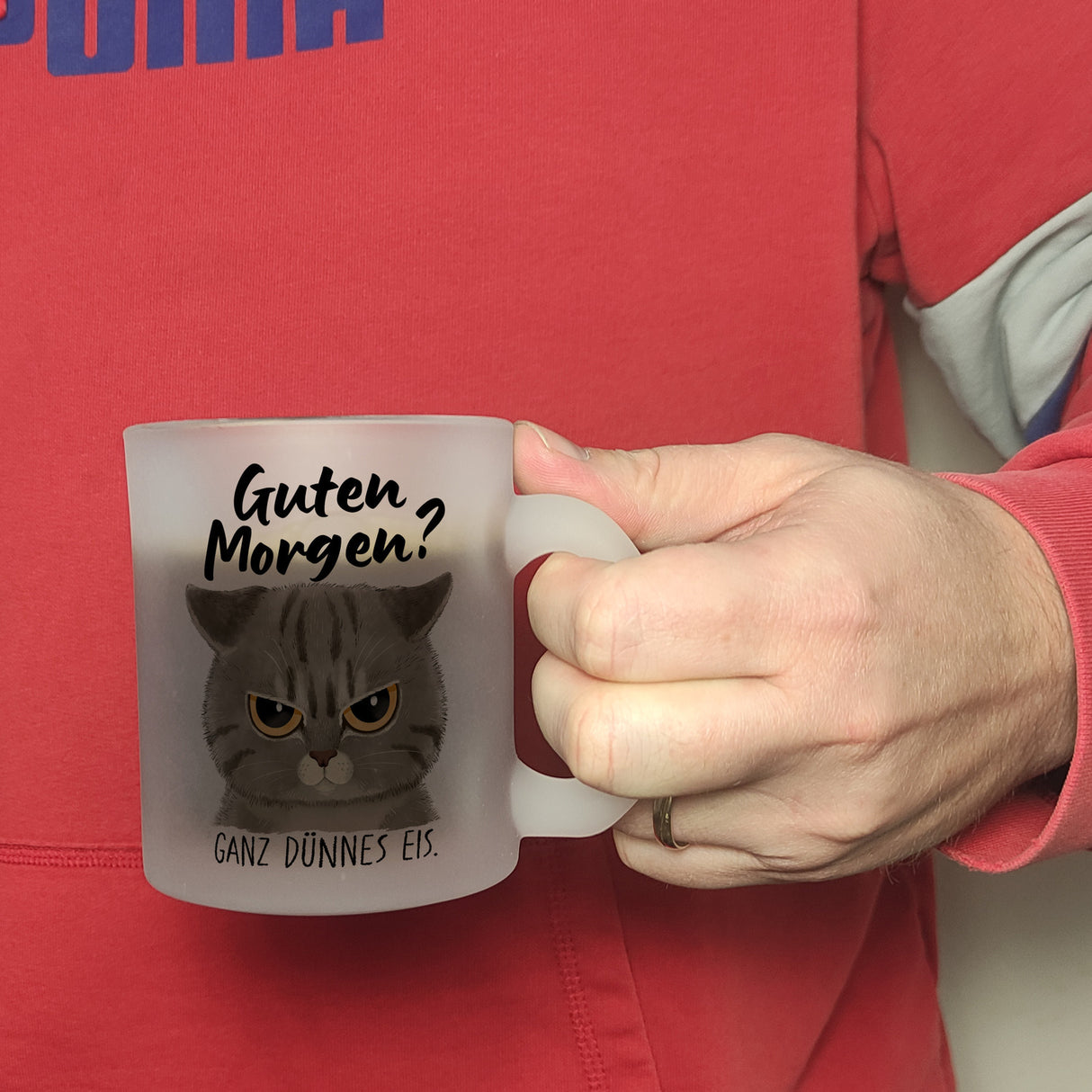 Morgenmuffel Katze Kaffeebecher mit Spruch Guten Morgen - Ganz dünnes Eis