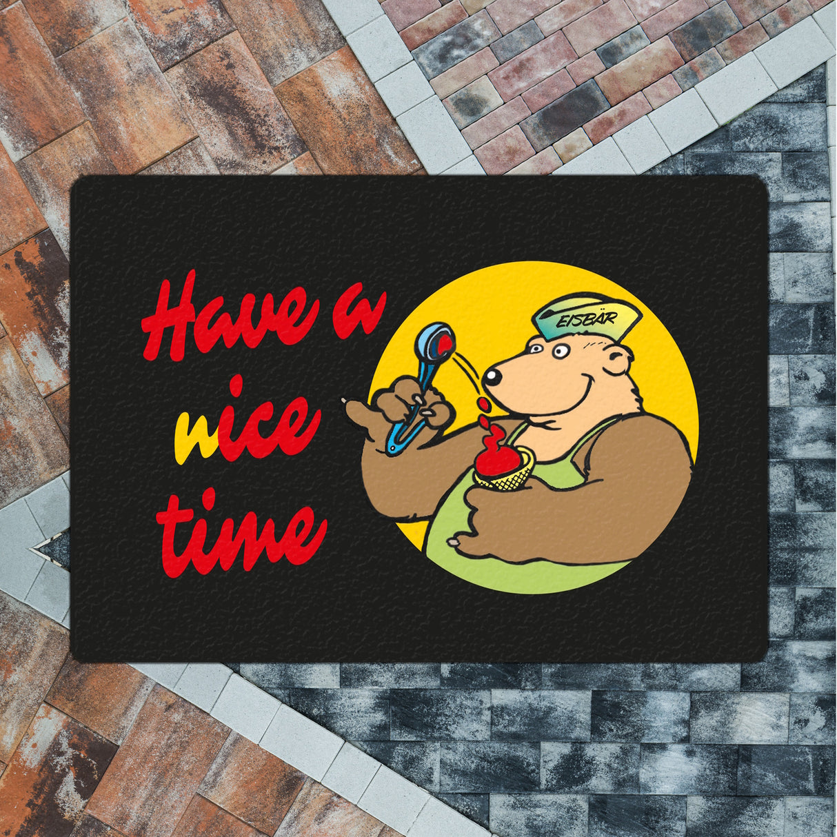 Eisbär mit Waffeleis Fußmatte in 35x50 cm ohne Rand mit Spruch have a nice time