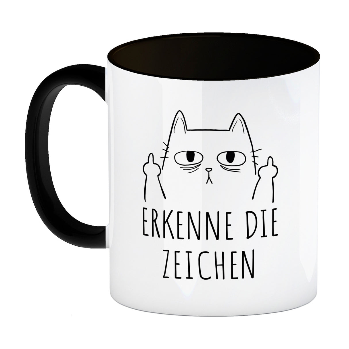 Katze mit Mittelfinger Kaffeebecher mit Spruch Erkenne die Zeichen