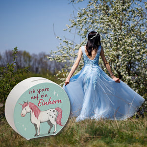 Einhorn Spardose in mintgrün mit Spruch Ich spare auf ein Einhorn