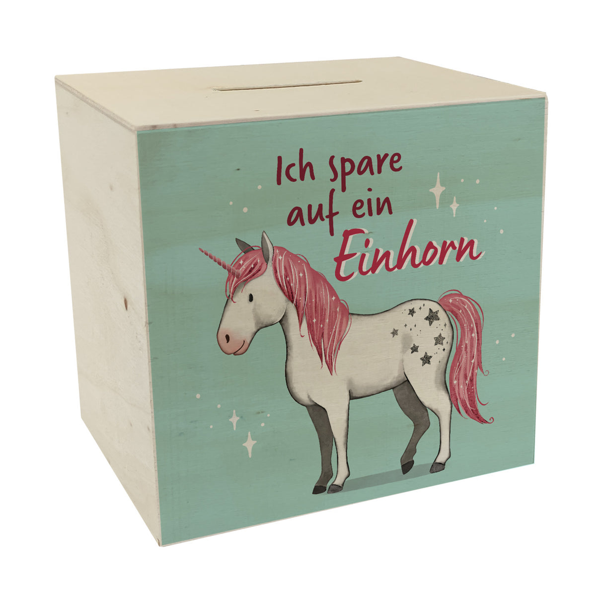 Einhorn Spardose in mintgrün mit Spruch Ich spare auf ein Einhorn