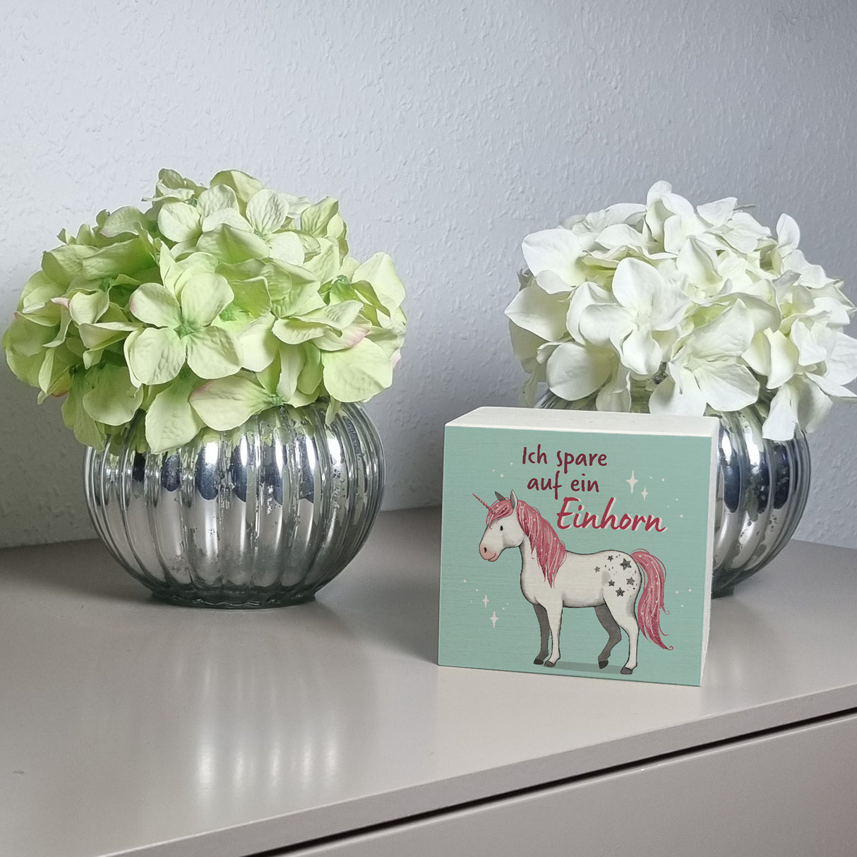 Einhorn Spardose in mintgrün mit Spruch Ich spare auf ein Einhorn