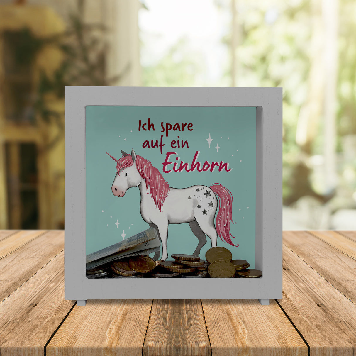 Einhorn Spardose in mintgrün mit Spruch Ich spare auf ein Einhorn