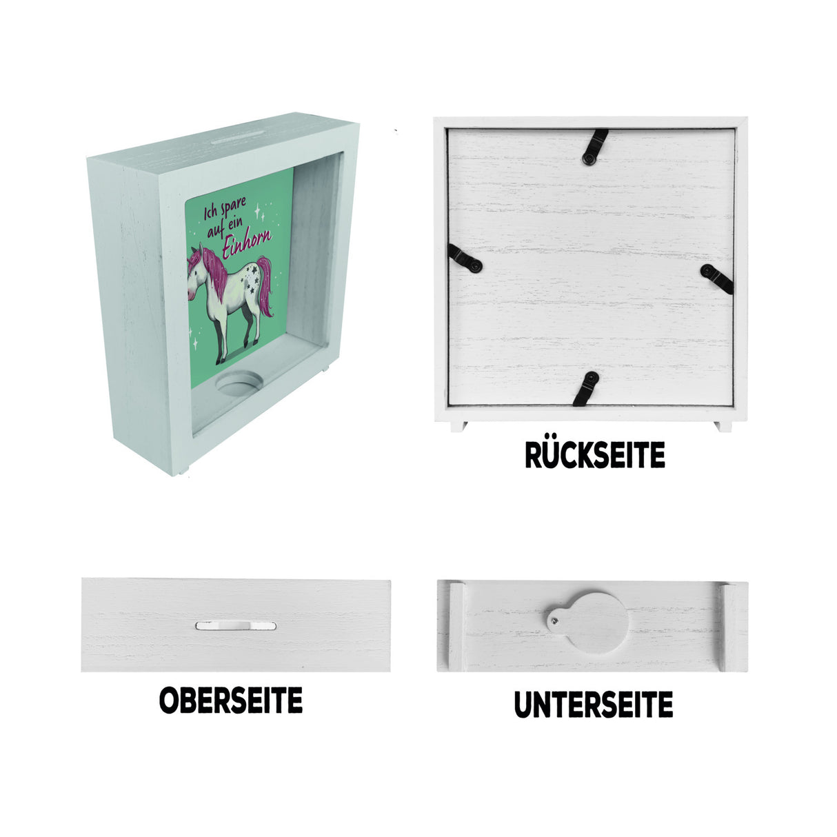 Einhorn Spardose in mintgrün mit Spruch Ich spare auf ein Einhorn
