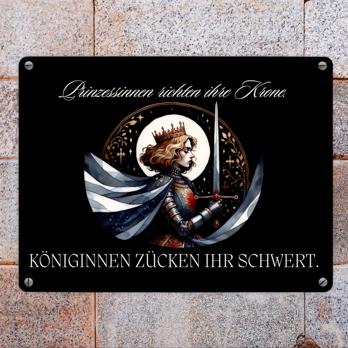 Königin mit Schwert Metallschild in 15x20 cm mit Spruch Königinnen zücken ihr Schwert