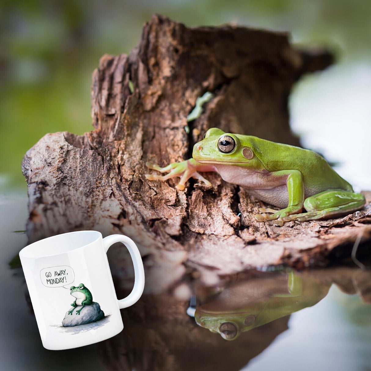 Griesgrämiger Frosch Kaffeebecher mit Spruch Go away, Monday!