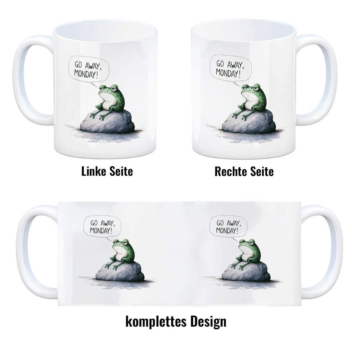 Griesgrämiger Frosch Kaffeebecher mit Spruch Go away, Monday!
