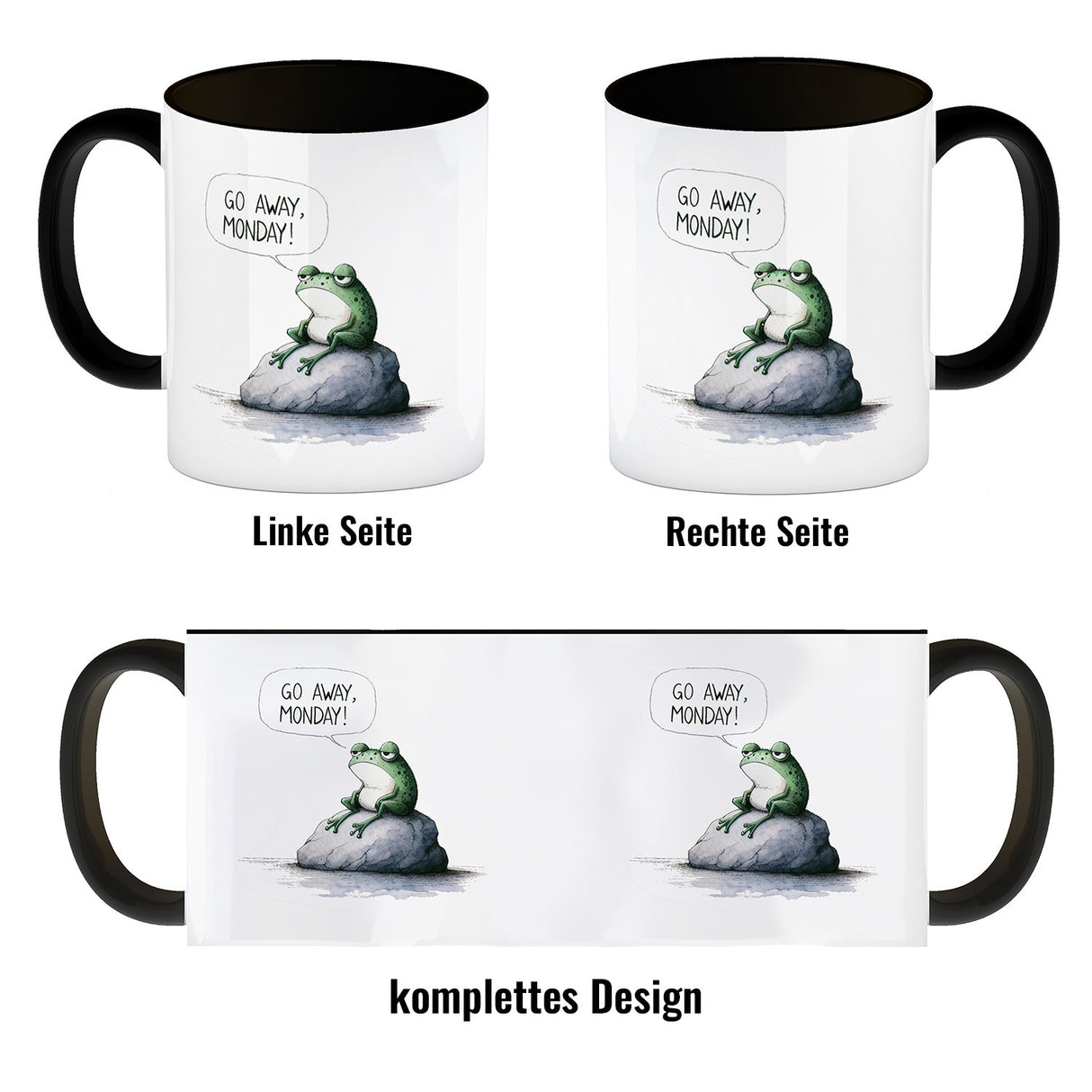 Griesgrämiger Frosch Kaffeebecher mit Spruch Go away, Monday!