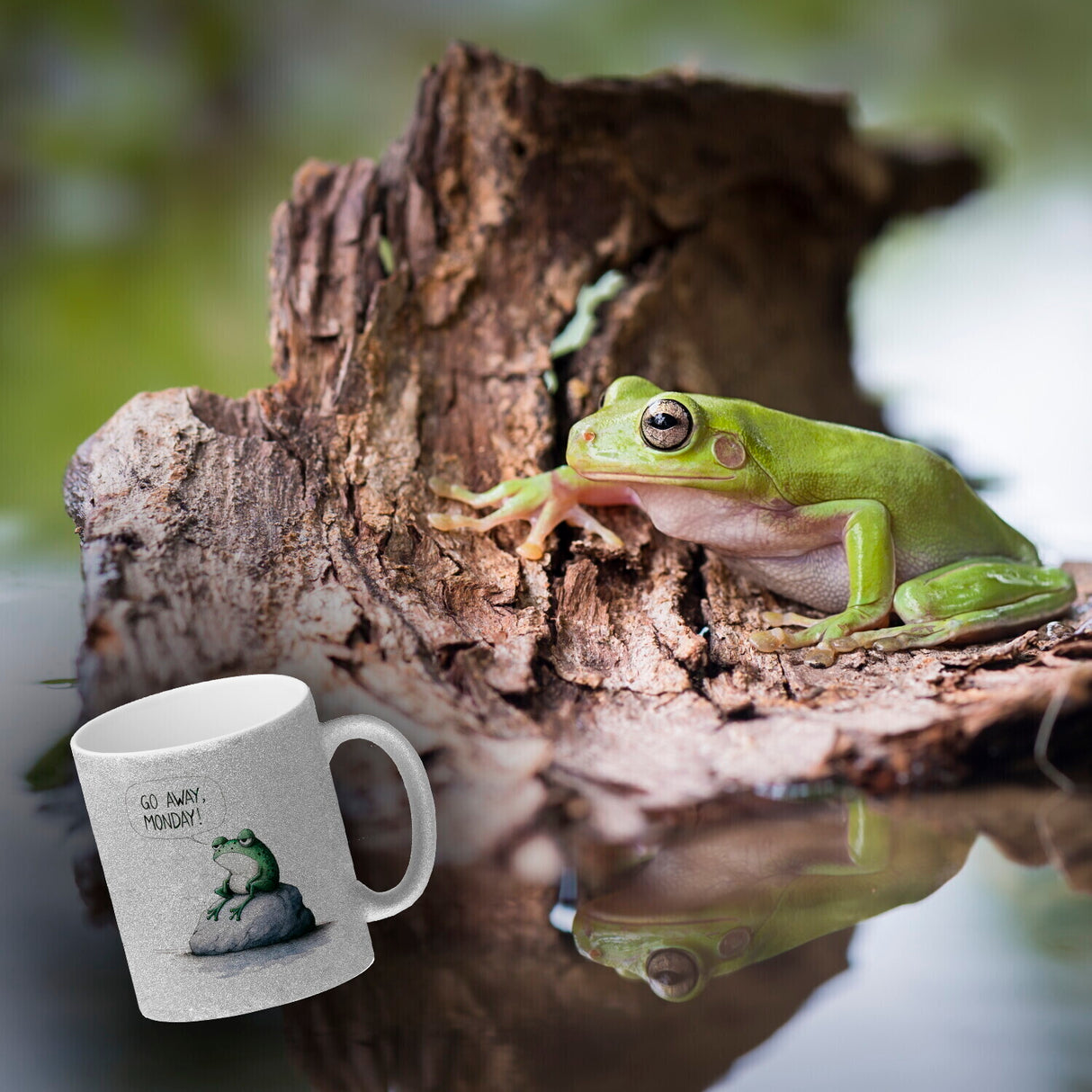 Griesgrämiger Frosch Kaffeebecher mit Spruch Go away, Monday!