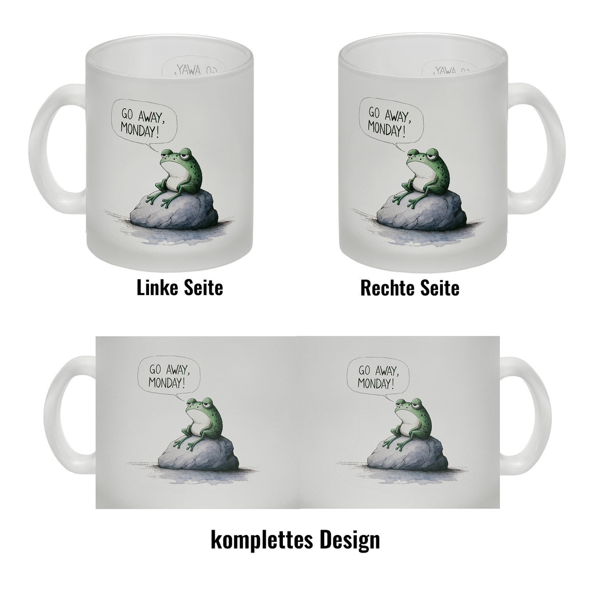Griesgrämiger Frosch Kaffeebecher mit Spruch Go away, Monday!