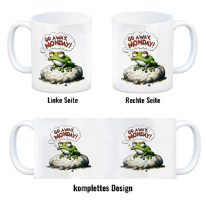 Mürrischer Frosch auf Stein Kaffeebecher mit Spruch Go away, Monday!