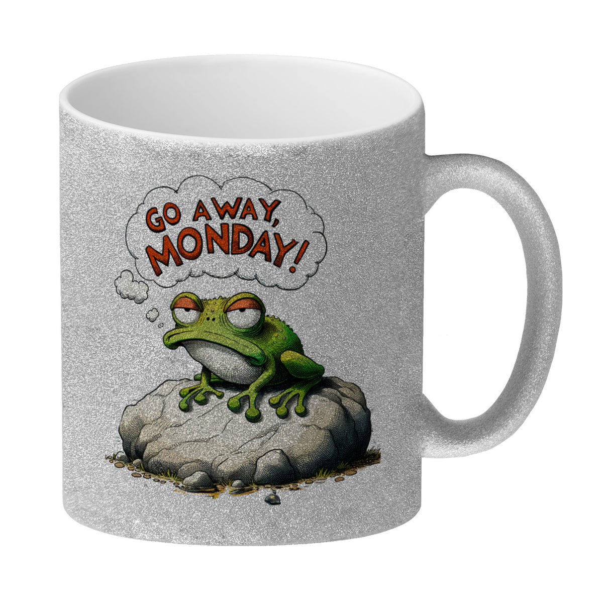 Mürrischer Frosch auf Stein Kaffeebecher mit Spruch Go away, Monday!