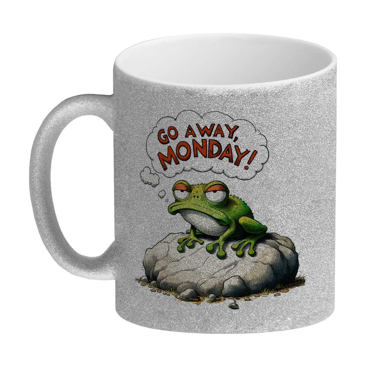 Mürrischer Frosch auf Stein Kaffeebecher mit Spruch Go away, Monday!