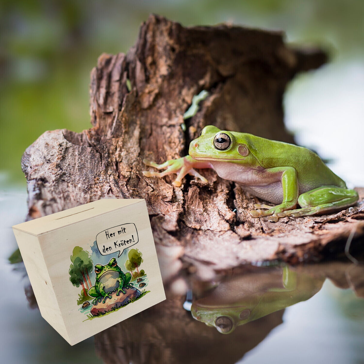 Griesgrämiger Frosch Spardose mit Spruch Her mit den Kröten!