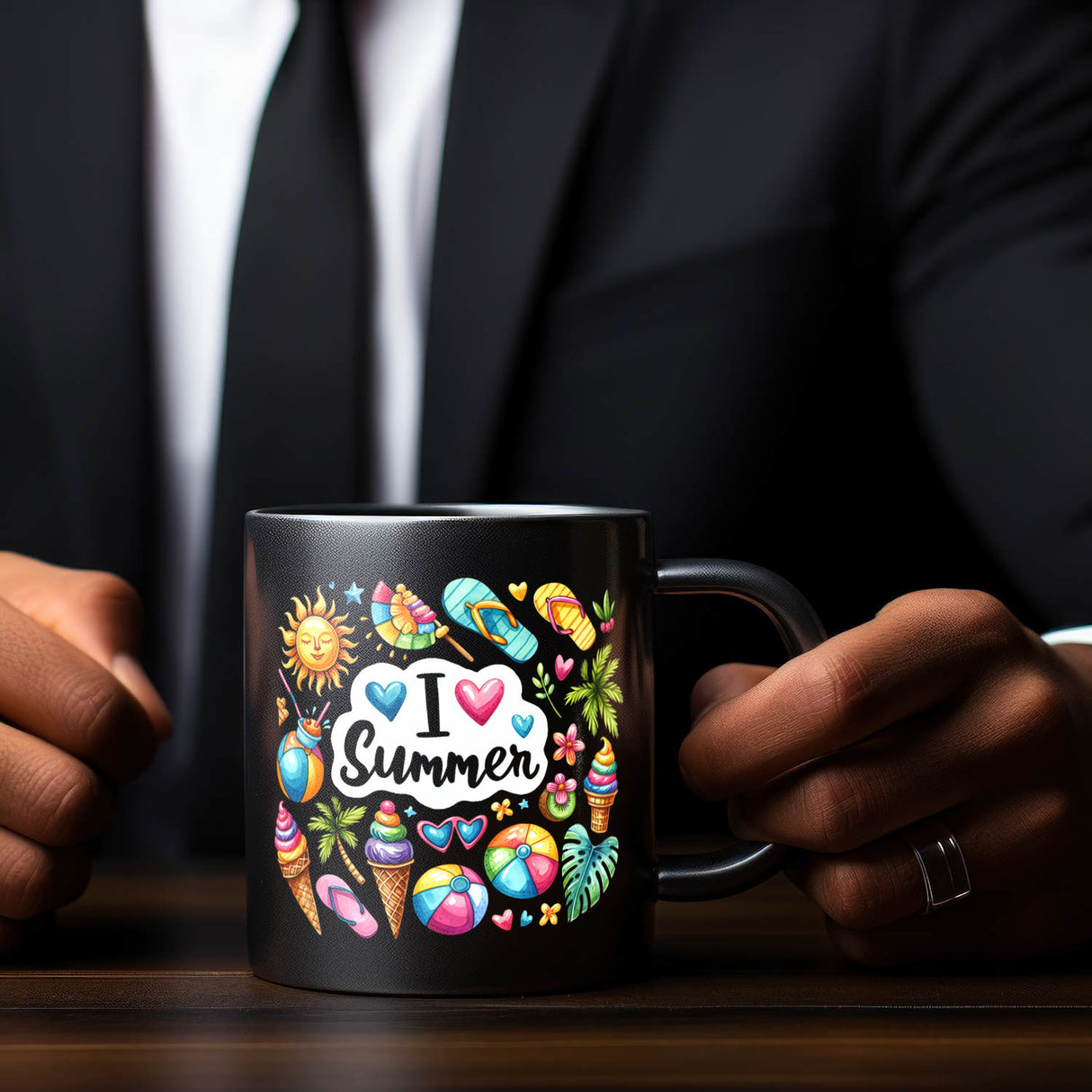 Endlich Sommer Tasse in Schwarz mit Spruch I love Summer
