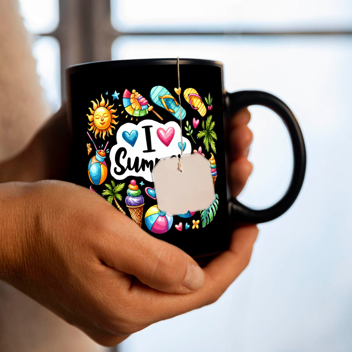 Endlich Sommer Tasse in Schwarz mit Spruch I love Summer