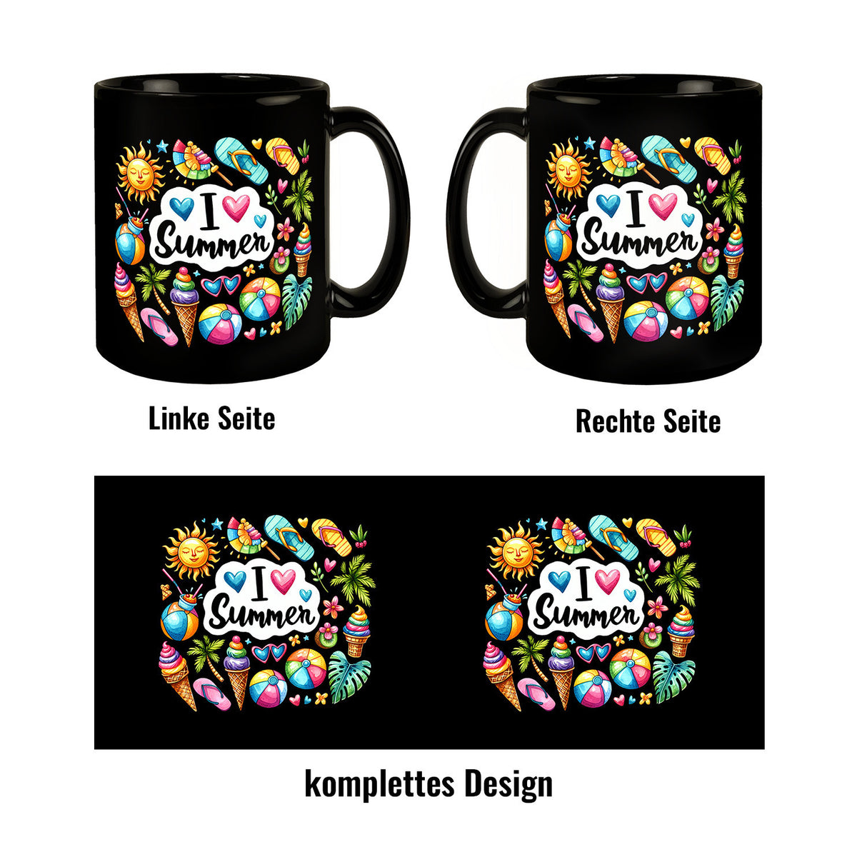 Endlich Sommer Tasse in Schwarz mit Spruch I love Summer