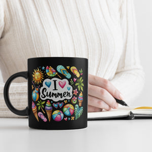 Endlich Sommer Tasse in Schwarz mit Spruch I love Summer