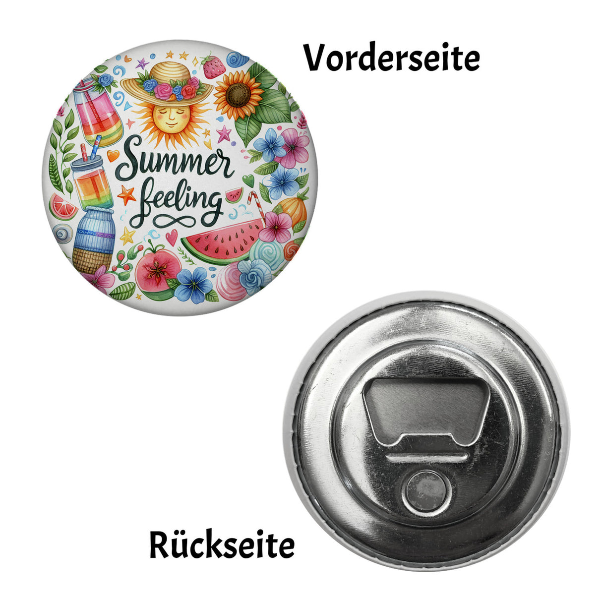 Sonne und Sommer Magnet rund mit Spruch Summer feeling