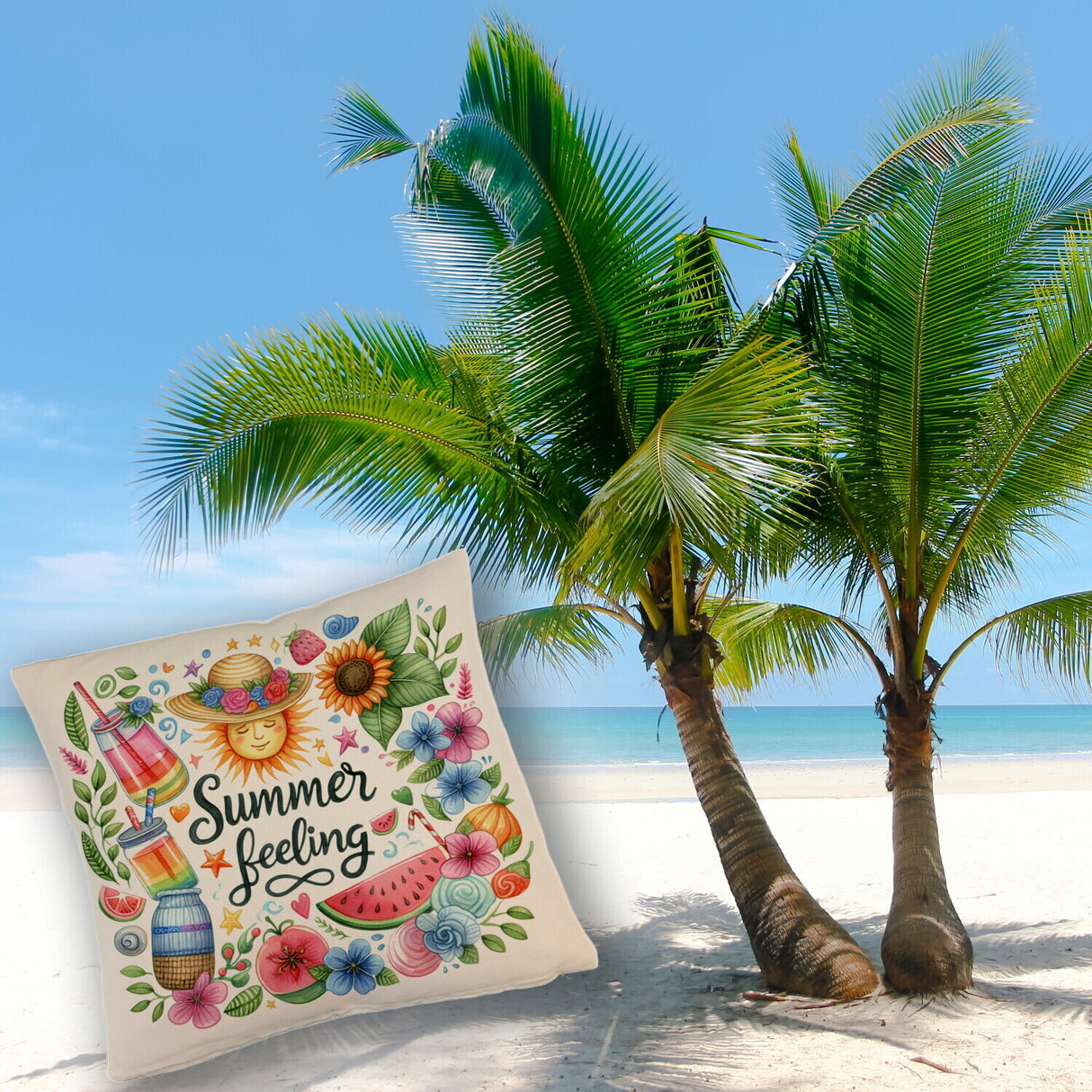Sonne und Sommer Kissen mit Spruch Summer feeling