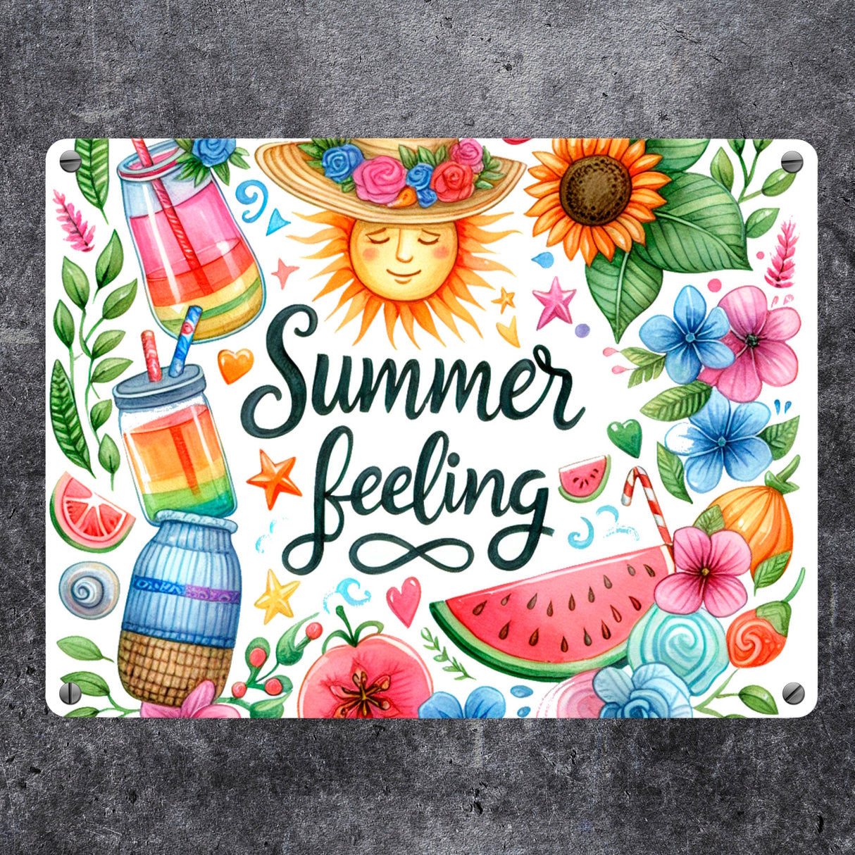 Sonne und Sommer Metallschild in 15x20 cm mit Spruch Summer feeling