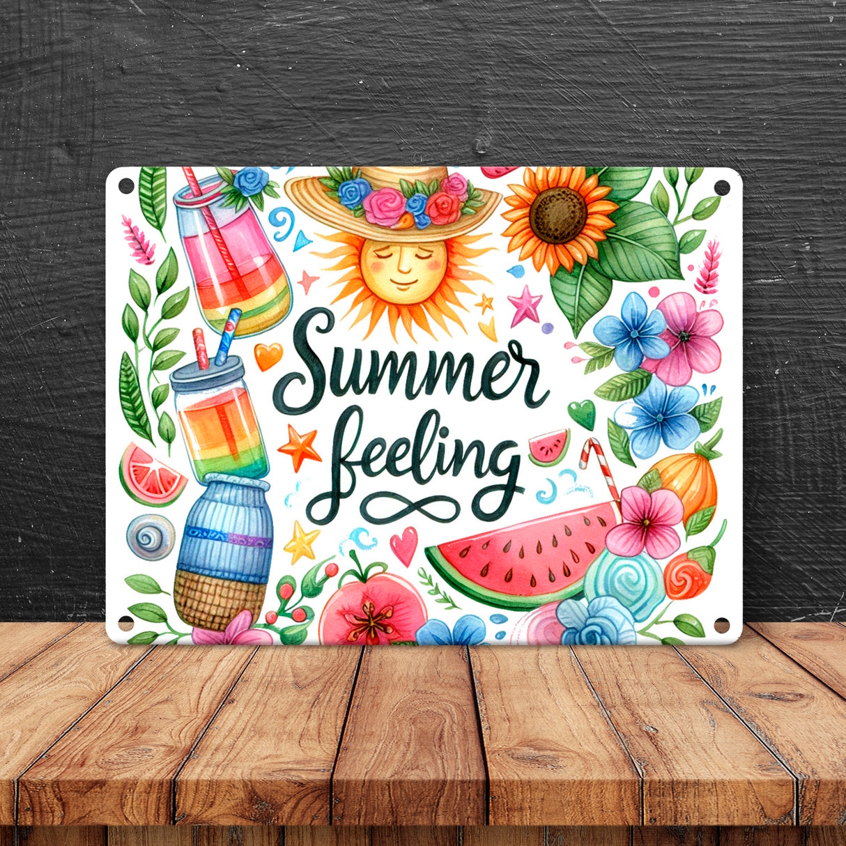 Sonne und Sommer Metallschild in 15x20 cm mit Spruch Summer feeling