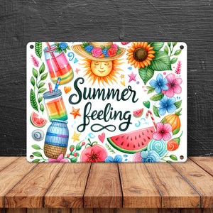Sonne und Sommer Metallschild in 15x20 cm mit Spruch Summer feeling