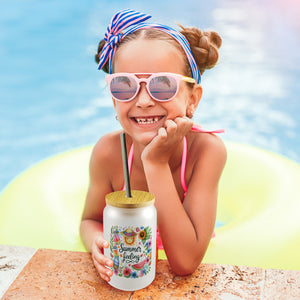 Sonne und Sommer Trinkglas mit Bambusdeckel mit Spruch Summer feeling