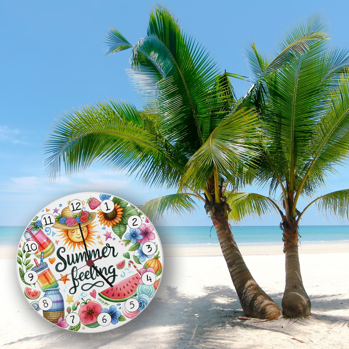 Sonne und Sommer Wanduhr mit Spruch Summer feeling