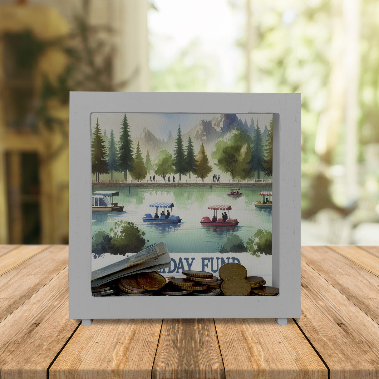 Urlaub am See Urlaubskasse Spardose mit Spruch Holiday Fund