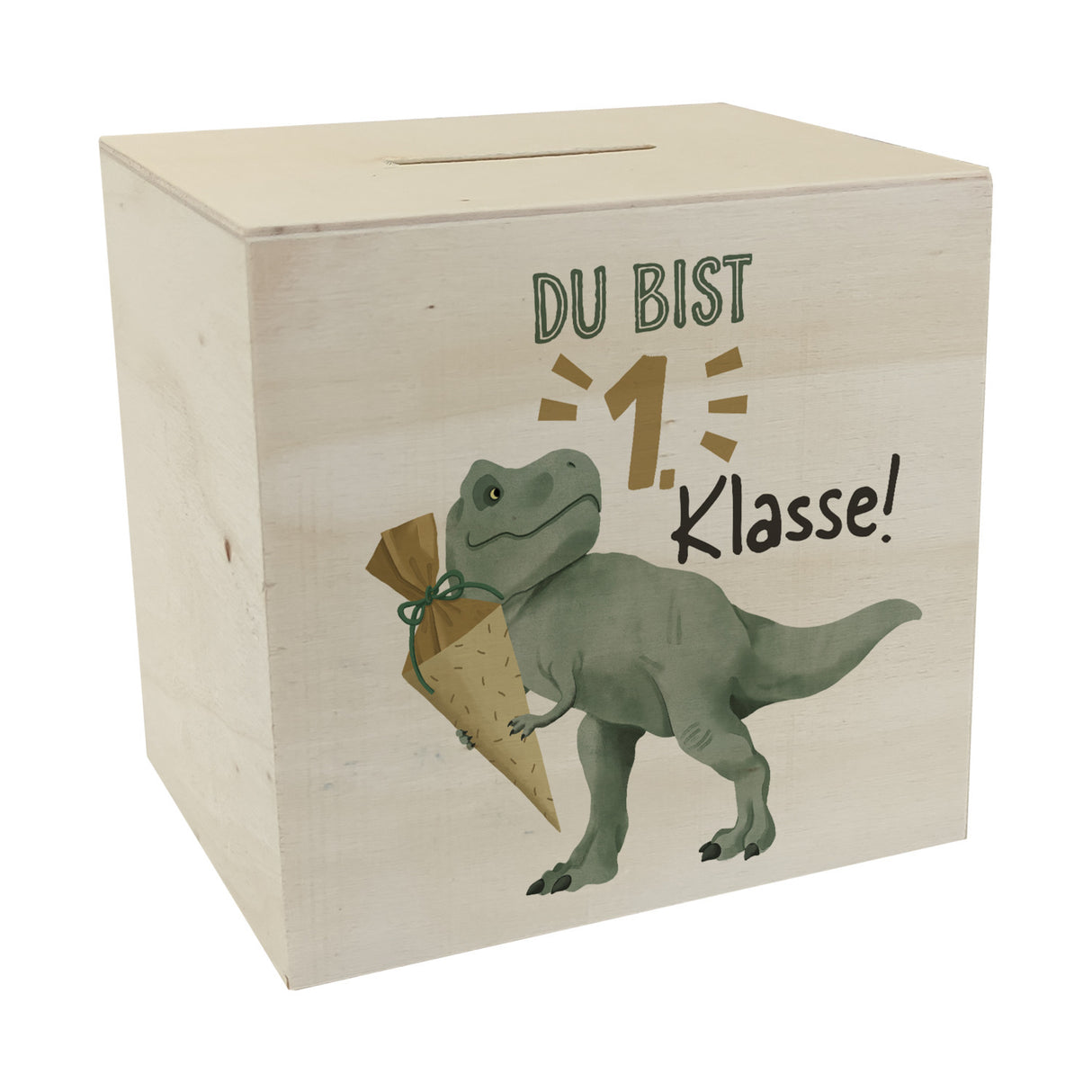 Dino mit Schultüte Spardose mit Spruch Du bist 1. Klasse!