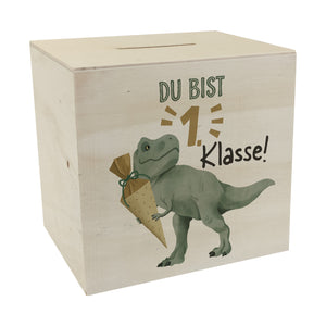Dino mit Schultüte Spardose mit Spruch Du bist 1. Klasse!