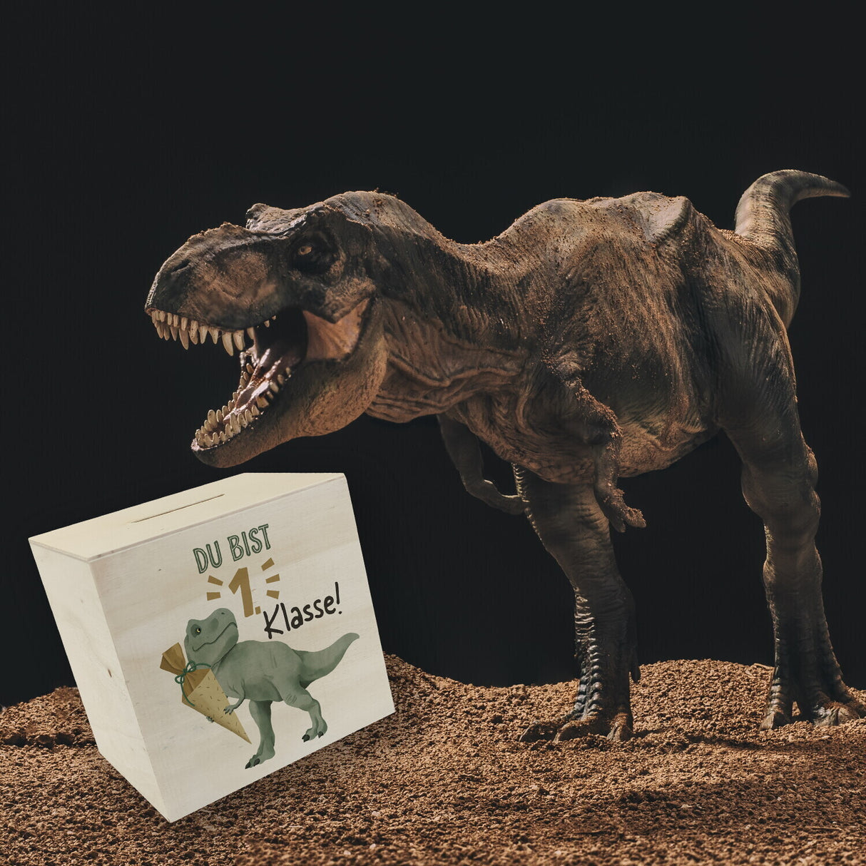 Dino mit Schultüte Spardose mit Spruch Du bist 1. Klasse!
