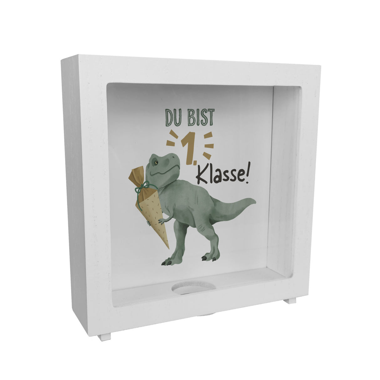 Dino mit Schultüte Spardose mit Spruch Du bist 1. Klasse!